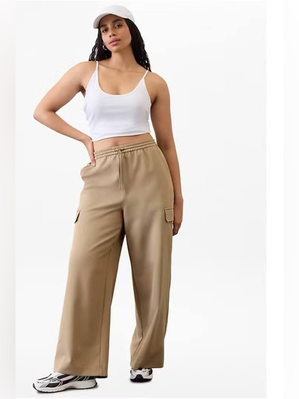 Athleta Promenade Wide Leg Khaki Cargo Drawstring Pants Small Tall